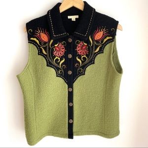 Vintage Carson 100% Wool Green Embroidered Vest